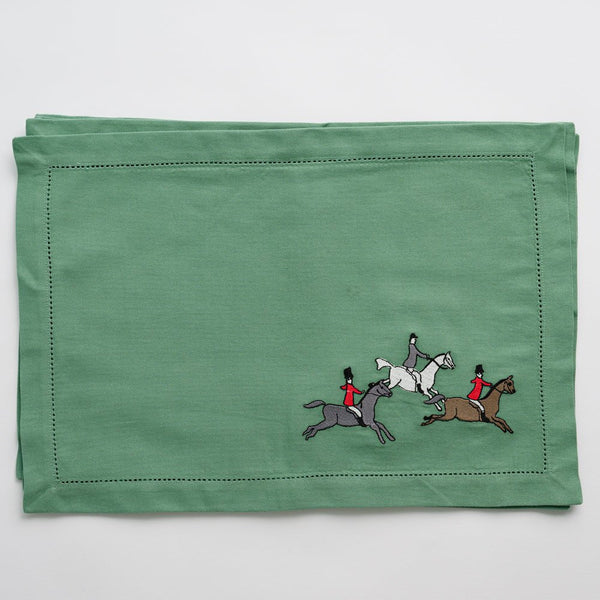 Pomegranate Placemat Set of 4 - Embroidered Green Hunt Scene