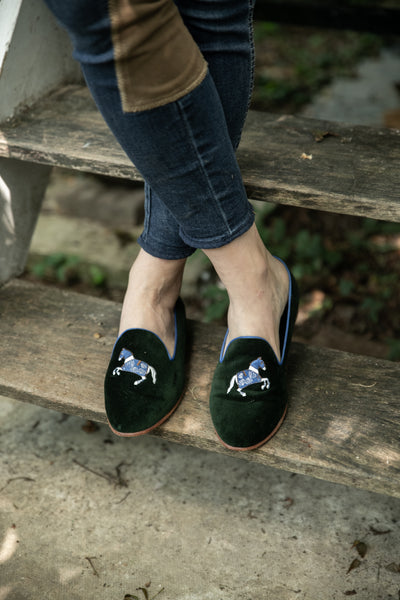 Black and store gold velvet loafers