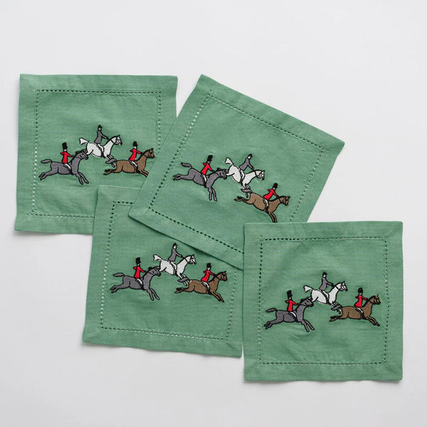 Pomegranate Hunt Embroidered Green Cocktail Napkins - Set of 4