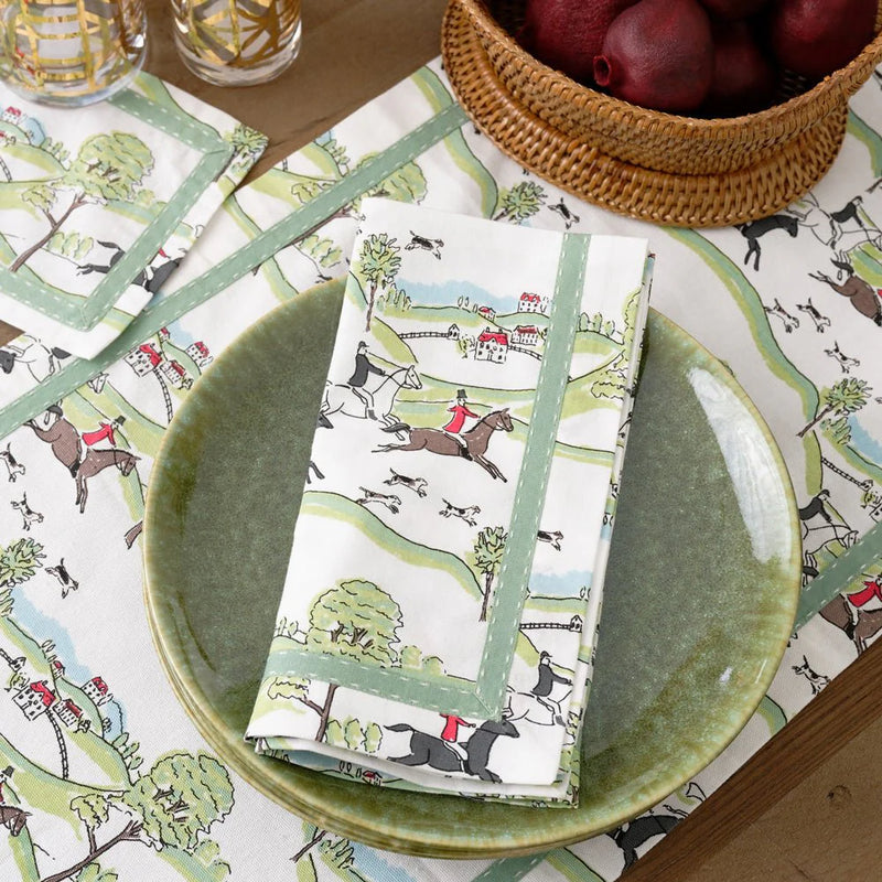 Pomegranate Set of 4 Cotton Napkins – Hunt Scene Green Ribbon