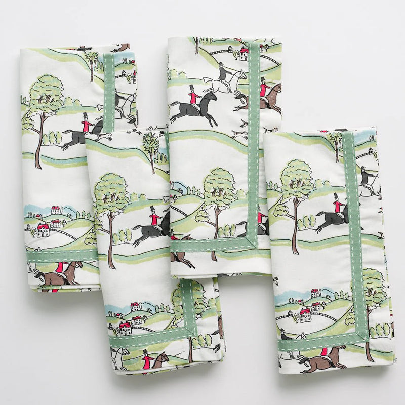 Pomegranate Set of 4 Cotton Napkins – Hunt Scene Green Ribbon