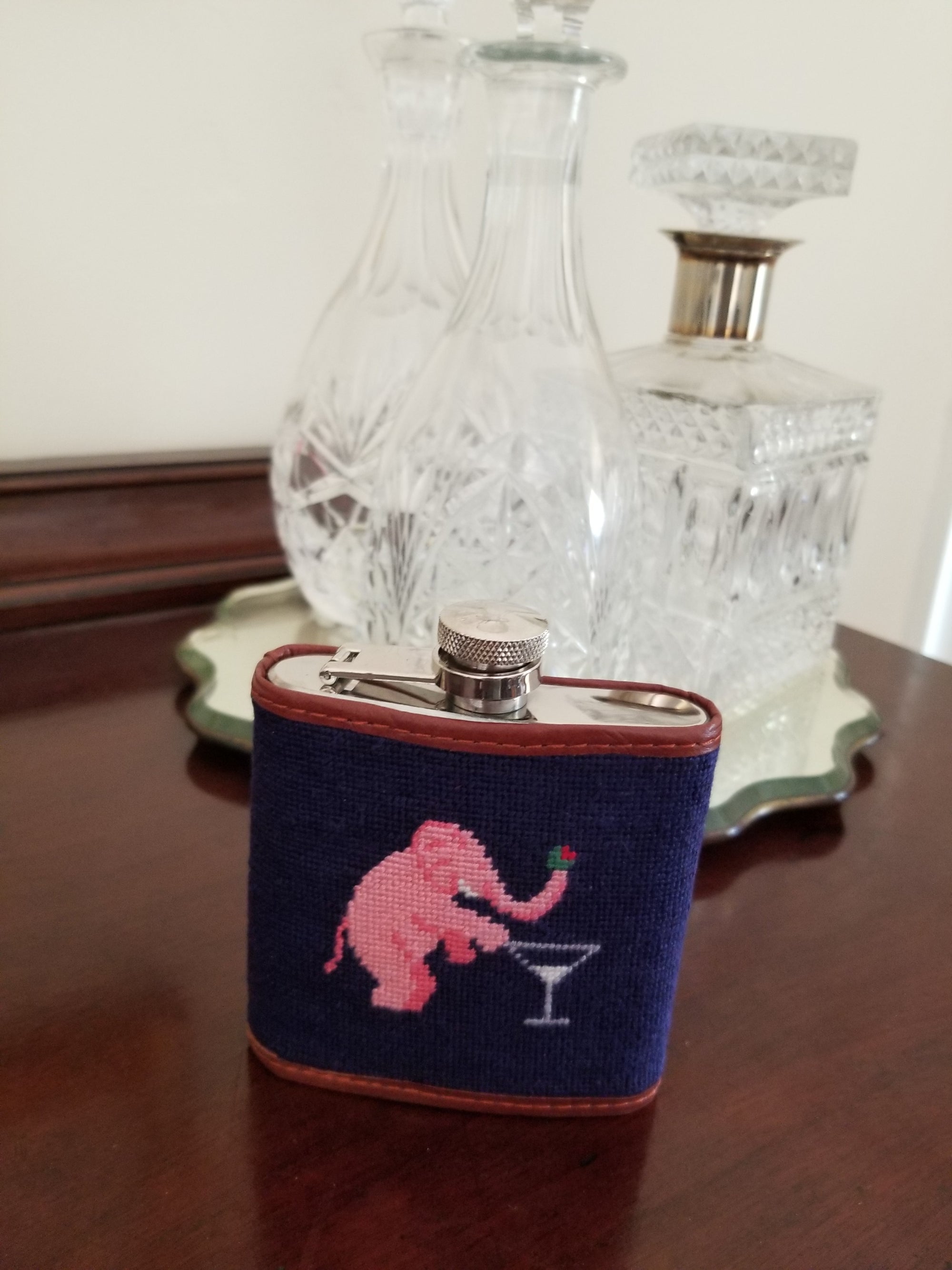 Smathers &amp; Branson Elephant Martini Needlepoint Hip Flask