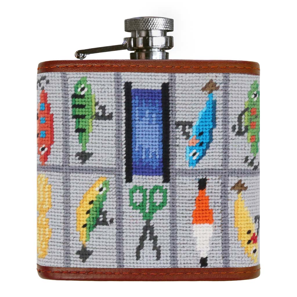 Smathers &amp; Branson Fishing Tackle Box Needlepoint Hip Flask