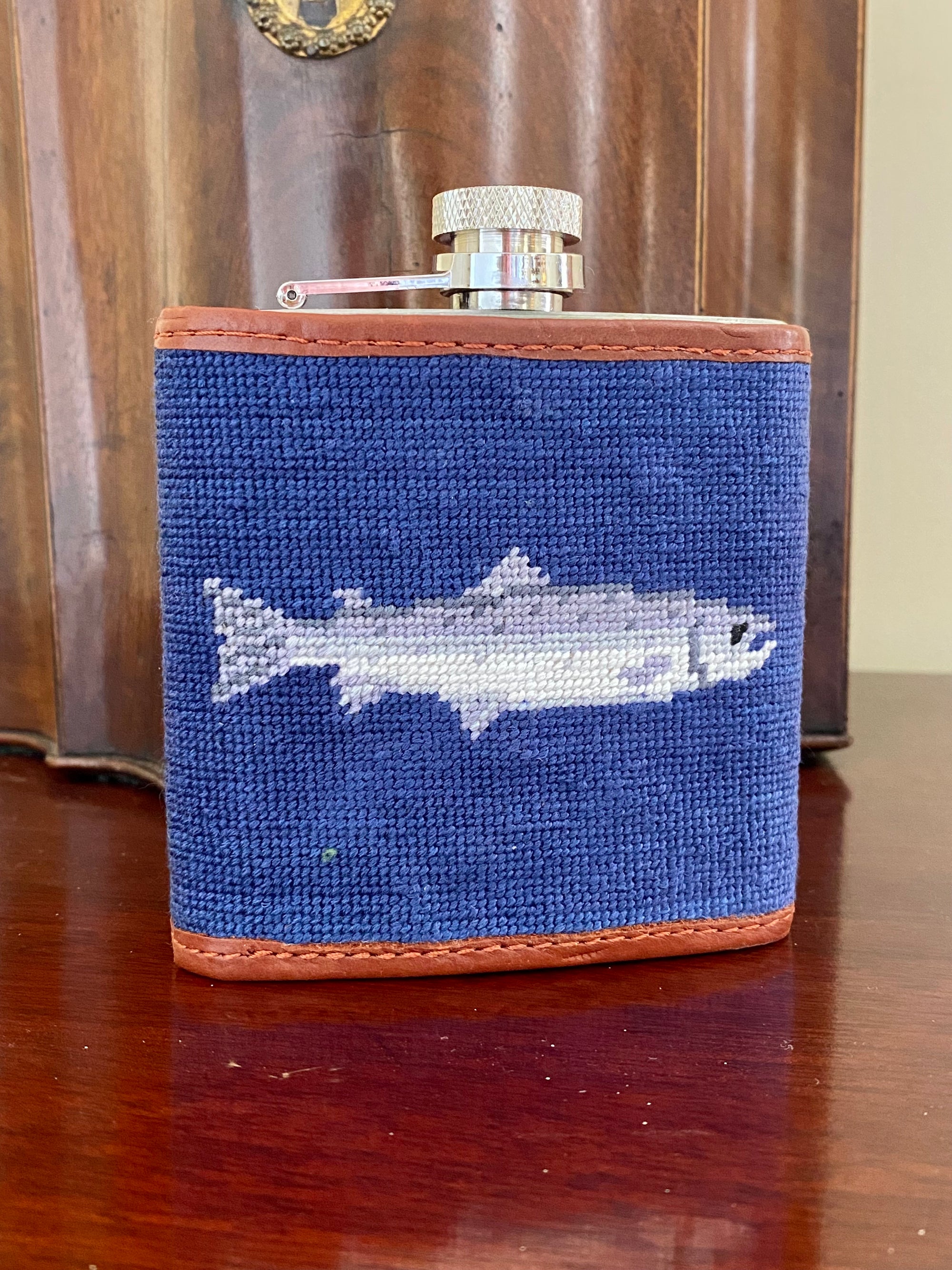 Glaze &amp; Gordon Salmon Needlepoint Hip Flask - 15% of sales go to the Atlantic Salmon Trust