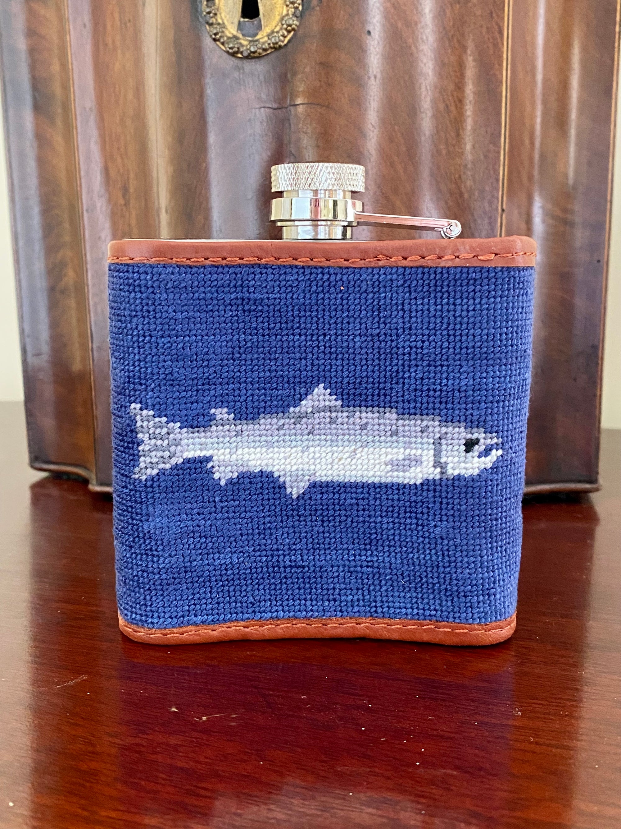 Glaze &amp; Gordon Salmon Needlepoint Hip Flask - 15% of sales go to the Atlantic Salmon Trust